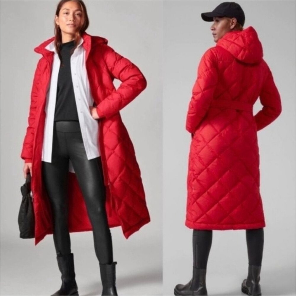 VGUC Athleta Boulevard Down Duster Belted Hooded Coat Matador Red Small